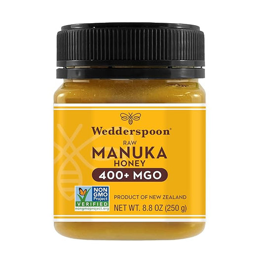 Wedderspoon Raw Premium Manuka Honey, 400+ MGO, 8.8 Oz, Unpasteurized New Zealand Honey, From Our Hives to Your Home