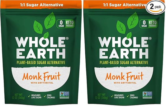 WHOLE EARTH Monk Fruit Sweetener with Erythritol, Plant-Based Sugar Alternative, 12 Ounce Pouch (Pack of 2)