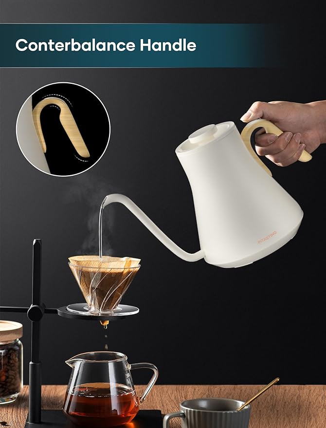 Electric Kettle, Gooseneck Electric Kettle, ±1℉ Precise Temperature Control, Stainless Steel Interior, Quick Heating for Pour Over Coffee, Tea & Boiling Water, 0.9L (Cream White)