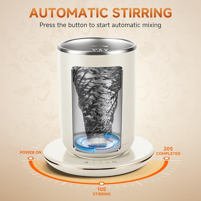 Automatic Self Stirring Coffee Mug with Temperature Control,Type-C Magnetic Mixing Cup,3 Heat Levels,8-Hour Shut-Off,USB Rechargeable Stainless Steel Smart Mug for Tea Milk Protein Shakes White 11oz
