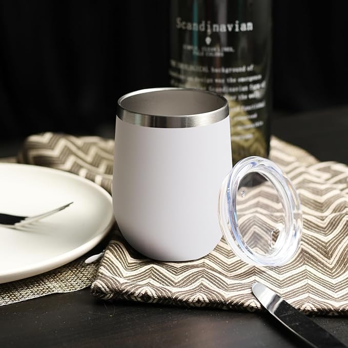 DOMICARE Stainless Steel Wine Tumbler Bulk with Lid, Personalized White Insulated Tumblers Set, 12oz Travel Coffee Cups Pack of 4