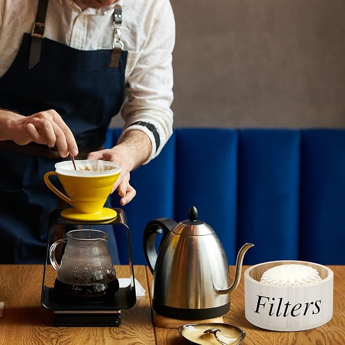 Chunful Coffee Filter Container Wooden Coffee Filter Storage Holder with Lid Farmhouse Bar Accessories Rustic Station Organizer for Storing Various Papers Tea Bags Beans, White