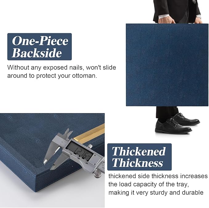 Large Navy Blue Decorative Tray for Ottoman,Stylish Rectangle Coffee Table Tray with Handles,Versatile Serving Tray for Living Room and Home Decor