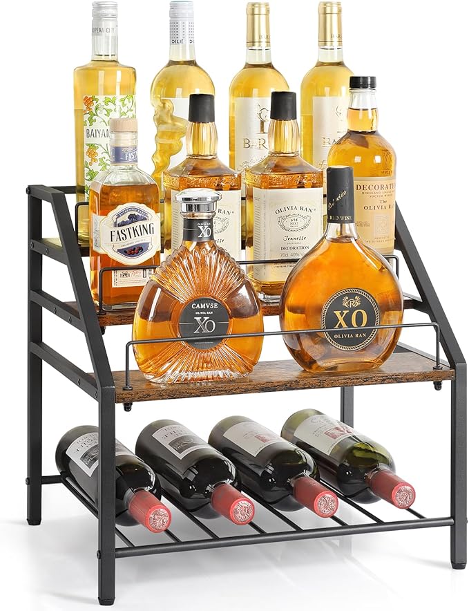 VINAEMO Wine Racks Countertop, 3-Tier Liquor Bottle Display Shelf, Coffee Syrup Organizer, Small Wine Rack, Wine Bottle Holder for Whiskey Bar, Retro Bar Shelves for Home Bar