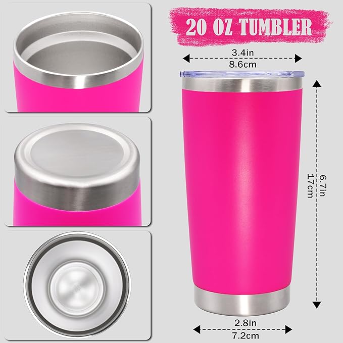 20 oz Tumbler Coffee Travel Tumblers Bulk with Lid Stainless Steel Double Wall Vacuum Insulated Mug Powder Coated Cups fit Car Cupholder for Hot and Cold - Hot Pink, 8Pack