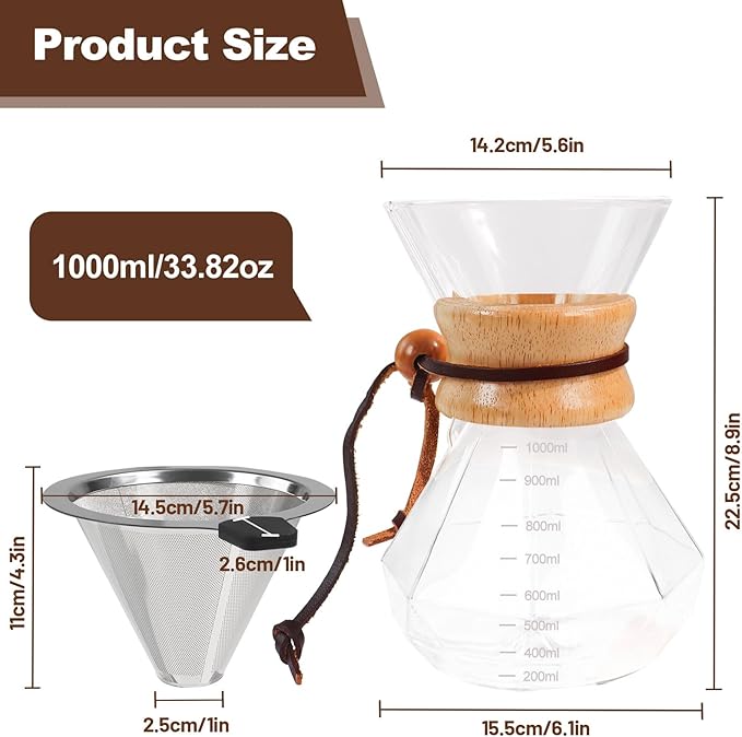 Pour Over Coffee Pot Set 1000ml Features 304 Stainless Steel Filter Glass Coffee Pot with High Borosilicate Glass Duckbill Spout Design Solid Wood Handle Pour Over Coffee Drippers Daily Brewing