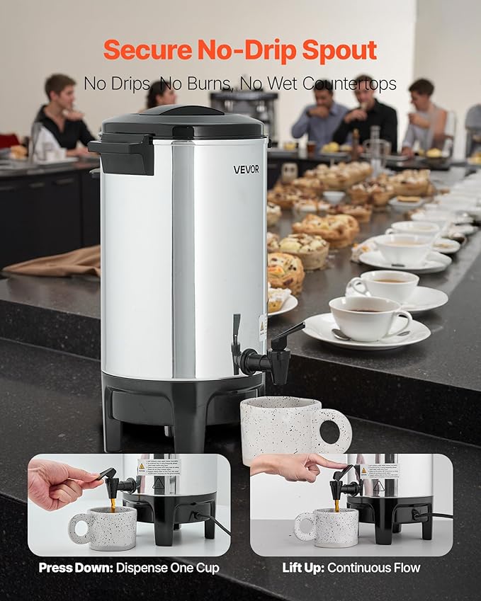 VEVOR Commercial Coffee Urn, 30 Cup 4.5 L Hot Beverage Dispenser with Dripless Faucet, Quick-Brewing Commercial Coffee Maker, Automatic Temperature Control, for Catering, Party, Church & Restaurant