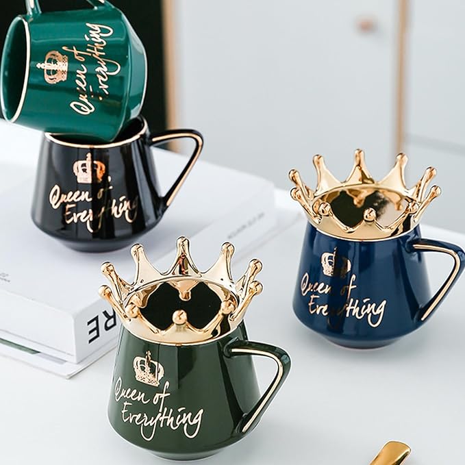 Queen of Everything Mug with Lid Sweet Black Mug with Crown Coffee 12 oz Mug Gift with Spoon & Coaster Ceramic Tea Mug Birthday Gift for Women Girls Mom Girlfriend