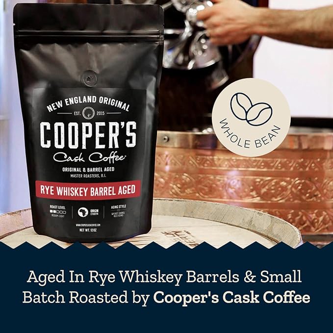 Rye Whiskey Barrel Aged Coffee, Single-Origin Ethiopian Beans Aged in Rye Whiskey Barrels, Medium Light Roast Whole Bean, 12 oz
