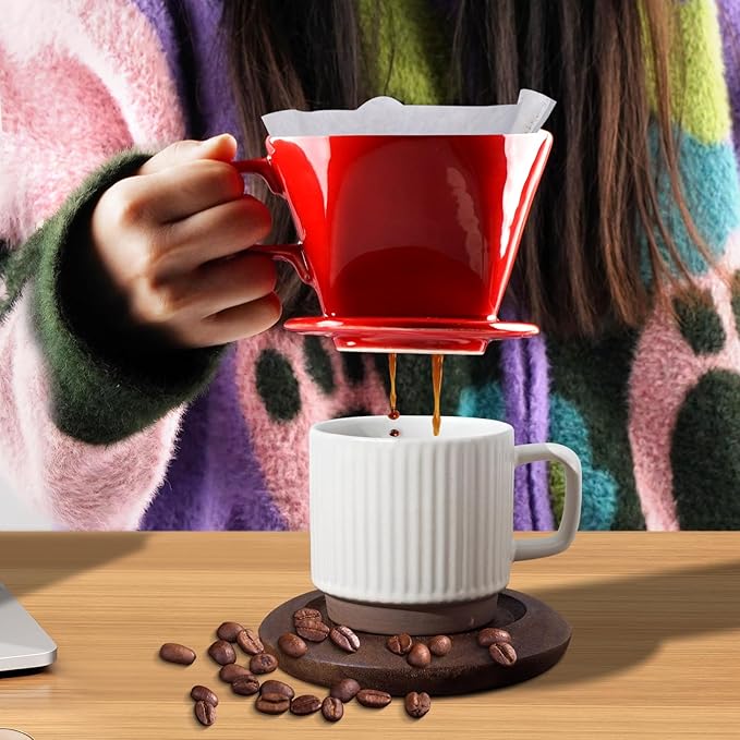 Handmade Pour Over Ceramic Coffee Dripper - Authentic Brewing Experience for Camping, Office, and Home (Red)