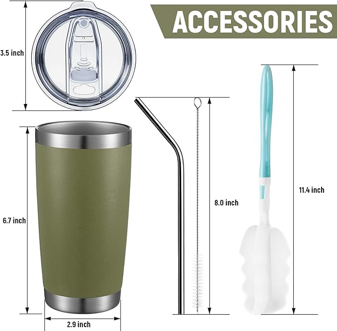 COMOOO 20oz Double Wall Vacuum Insulated Travel Mug, Stainless Steel Tumbler with Lid and Straw Durable Powder Coated Insulated Coffee Cup for Cold & Hot Drinks (Army Green, 12 pack