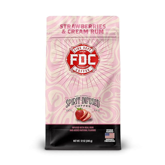 Fire Department Coffee - Gives Back to Firefighters - Strawberries & Cream Rum Infused Ground Coffee - Medium Roast - Non-Alcoholic - Roasted in the USA - Veteran Owned - 12 oz