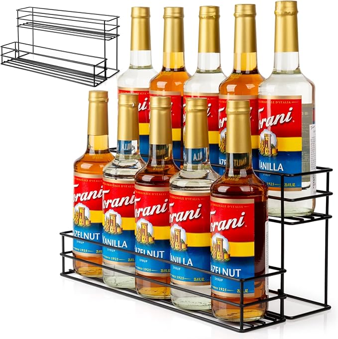 10 Bottle Capacity Coffee Syrup Organizer 2 Tier Coffee Syrup Stand Shelf for Coffee Bar Kitchen Small Wine Rack for Bar Family Storage for Syrup Wine Dressing