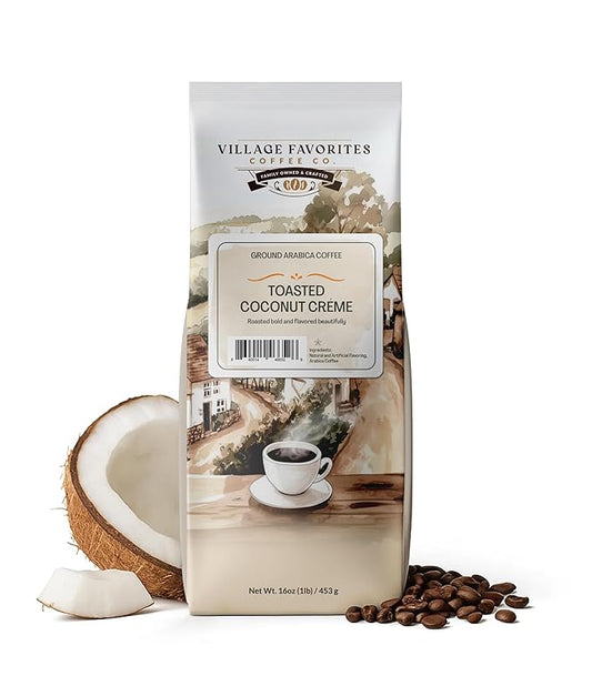 Village Favorites Flavored Coffee – Low Acid, Mold-Free, 100% Arabica, Slow Roasted Medium Roast, Smooth & Stomach Friendly, Ground, 1LB Bag (16oz)- Kosher (16oz, Toasted Coconut Crème)