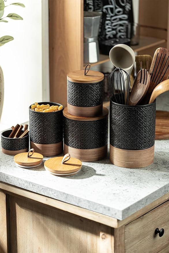 Large Jar with Lid, Ceramic Coffee Container with Airtight Lids, Food Storage Containers, Kitchen Canisters for Countertop Coffee Bar Accessories Weeding Gift - Black & 64 fl.oz