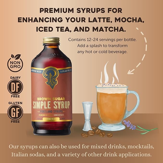 Portland Syrups Brown Sugar Simple Syrup - Drink Mix for Exceptional Cocktails, Simple Syrup for Cocktails, Sugar Syrup for Drinks, Simple Syrup for Coffee, Mocktails, Baking, 12 oz, Pack of 1