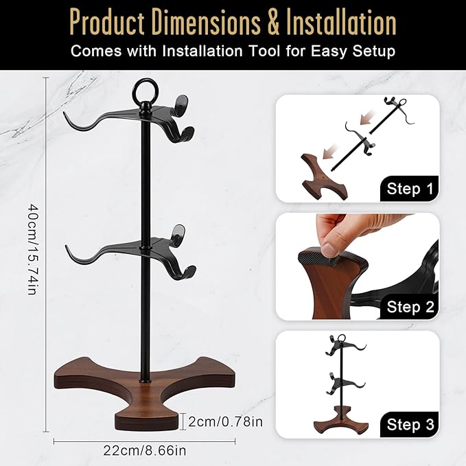 Mug Tree Y-Shaped, Coffee Mug Holder with Angled - Out Iron Hooks (No More Squeezing!), Solid Wood Base & Sturdy Iron Coffee Cup Rack, 6 Hook, Tools Included, Easy Install, Elevate Kitchen Nook Décor