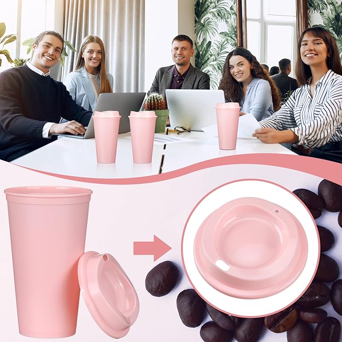 Domensi 15 Pack Reusable Coffee Cups with Lids 16 oz Disposable Travel Cups Bulk Plastic to Go Coffee Tumblers for DIY Hot Cold Drink Party Favors Coworker, Microwaveable (Pink)