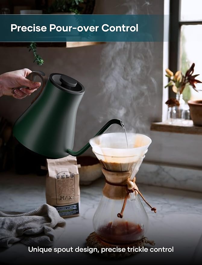 Electric Kettle, Gooseneck Electric Kettle, ±1℉ Precise Temperature Control, Stainless Steel Interior, Quick Heating for Pour Over Coffee, Tea & Boiling Water, 0.9L (Forest Green)