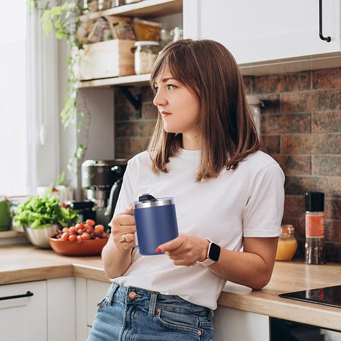 Volhoply 12oz Insulated Leakproof Coffee Mug with Flip & Straw Lid,Double Wall Vacuum Stainless Steel Travel Cafe Tumbler Cup with Handle,Reusable Camping Mugs Keep Cold/Hot(Navy,1 Set)