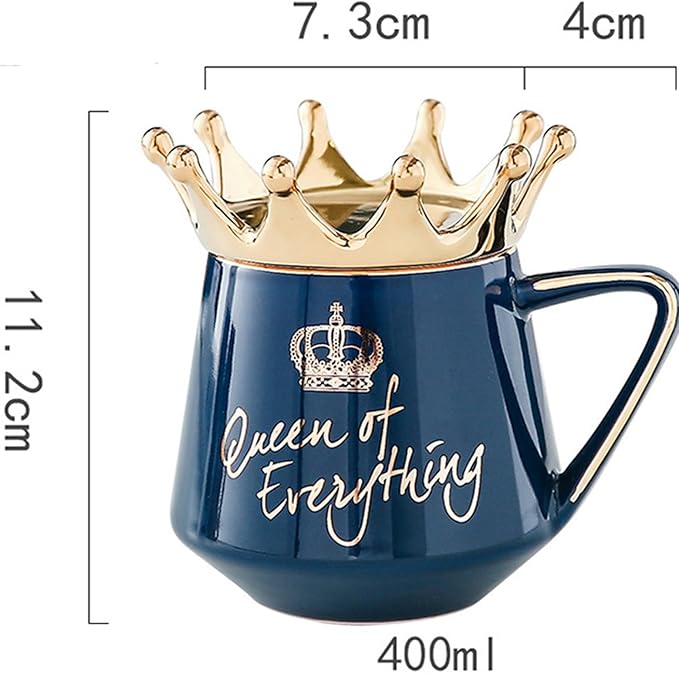 Queen of Everything Mug with Lid Cute Mugs Gift with Crown Dark Blue Coffee Mug with Spoon & Coaster 12 oz Ceramic Tea Cup Birthday Gift for Women Girls Mom Friend