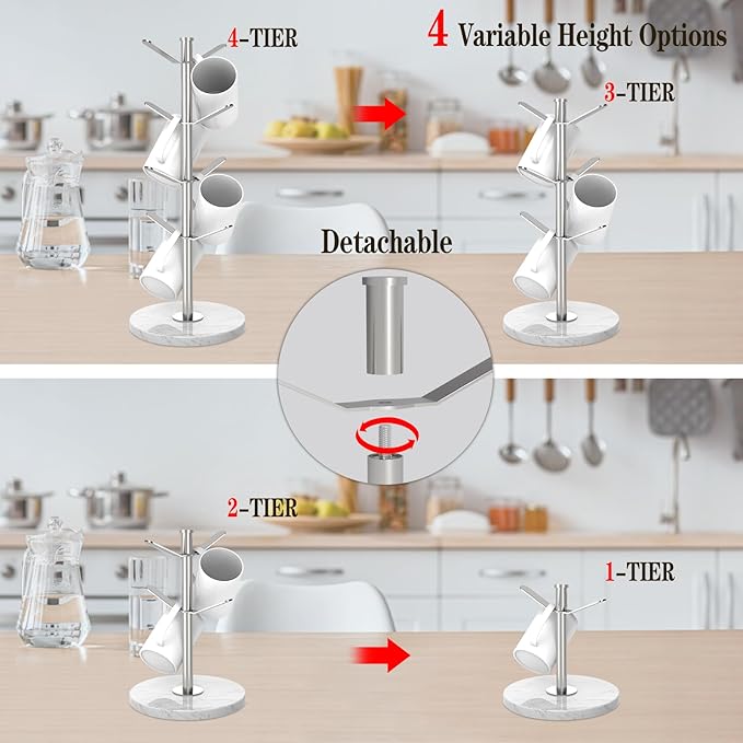 Marble Mug Holder Tree with 8 Hooks, Stainless Steel Coffee Cup Holder, Non-Slip Silicone Pads, Heavy Duty Marble Base, Countertop Organizer for Kitchen & Cafe, Silver