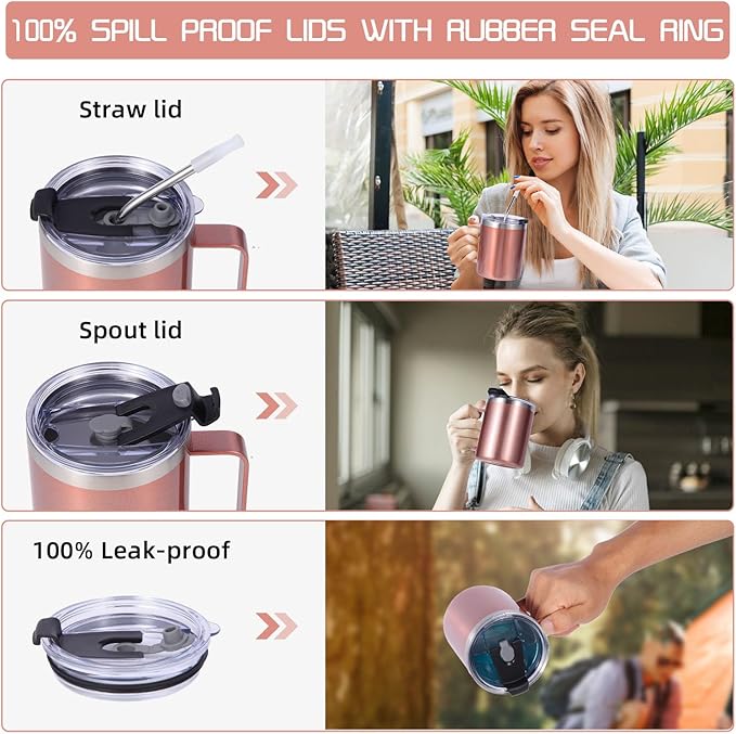 Volhoply 12oz Insulated Leakproof Coffee Mug with Flip & Straw Lid,Double Wall Vacuum Stainless Steel Travel Tumbler Cup with Handle,Reusable Camping Mugs Keep Cold/Hot(Rose Gold,1 Set)