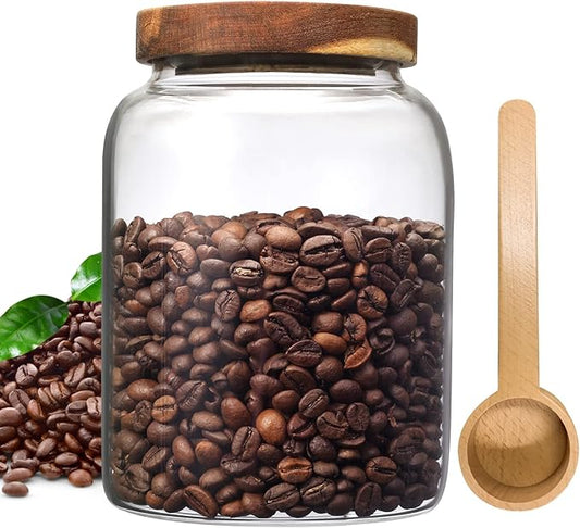 Glass Coffee Storage Jar with Lids Scoop Thicken Glass Coffee Canister Borosilicate Glass Food Containers for Ground Coffee Beans Nut Pasta Sugar Candy Spice Rice Loose Tea
