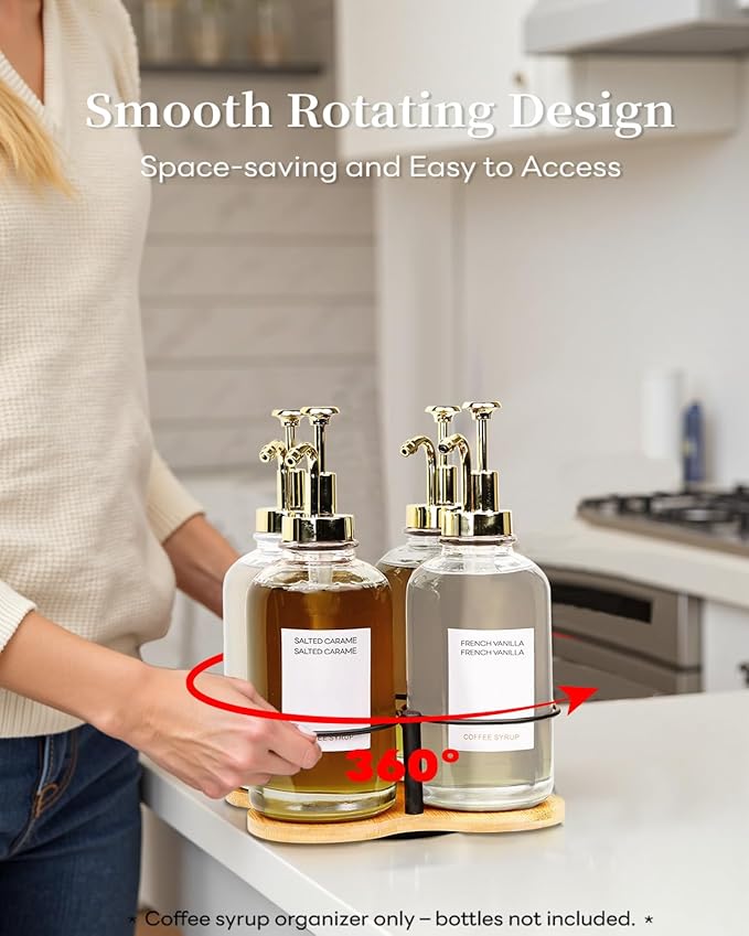 Rotating Coffee Syrup Organizer, Syrup Bottle Holder for Coffee Syrup Dispenser 16.9oz, Bamboo Coffee Syrup Rack for Coffee Bar Station Countertop, Coffee Bar Accessories(Syrup Rack Only)