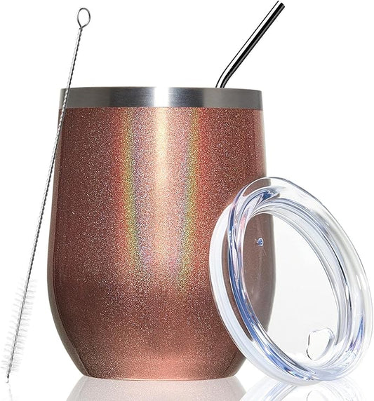 MEWAY Stemless 12 OZ Wine Tumbler Glasses with Lid -Insulated Double Wall Vacuum Stainless Steel Glitter Tumbler with Straw,for Woman Under 10 dollars (Rainbow Rose Gold,1)