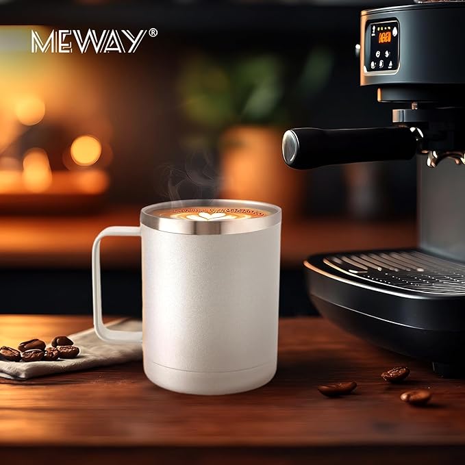 MEWAY 12oz Coffee Mug With Handle and Sliding Lid,Stainless Steel Travel Tumbler Cup with Handle,Double Wall Vacuum Insulated Camping Cup for Hot & Cold Drinks Tea (White, Set of 1