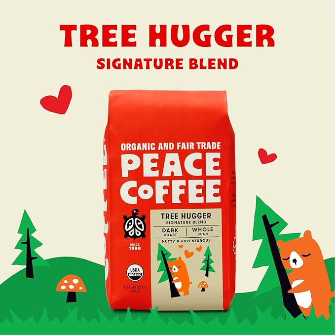 Peace Coffee Tree Hugger Signature Blend | 20 oz Ground Dark Roast | Organic Fair Trade | Soft, Smooth Flavor | Shade Grown, Fresh Roasted