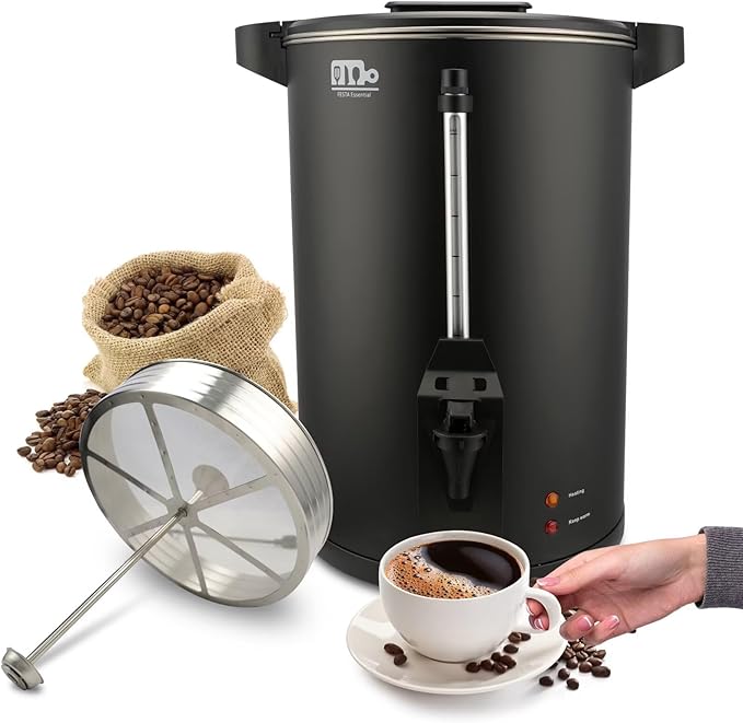 55-Cup 10L Commercial Coffee Urn, Festa Essential 750W Double Wall Large Percolate Coffee Maker Stainless Steel Hot Water Urn Dispenser with Double Dripless Faucet, Quick-Brewing for Catering, Black