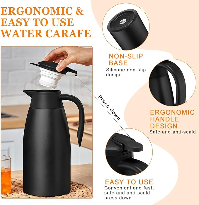 Norme 2 Pcs Thermal Coffee Carafe Insulated Stainless Steel Coffee Carafe for Hot Liquid Vacuum Thermal Pot Creamer Pitcher Dispenser with Brushes Keeping Hot Water Milk(Black)