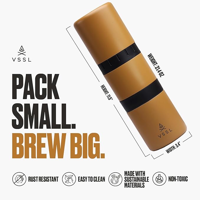VSSL - Nest Pour Over Coffee Kit | Coffee Maker for Camping | All-In-One Travel Pour Over | Transportable Dripper, Two 10oz Stainless Steel Travel Mugs | Compact Storage & Adventure Ready | Sahara
