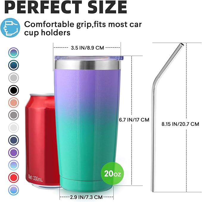 Volhoply 20oz Stainless Steel Tumbler with Lid and Straw Bulk 4 Pack,Double Wall Insulated Travel Iced Coffee Mug Fits Cup holder,Powder Coated Cups for Hot/Cold Drinks,Gifts for Women（Assorted,4 Set）