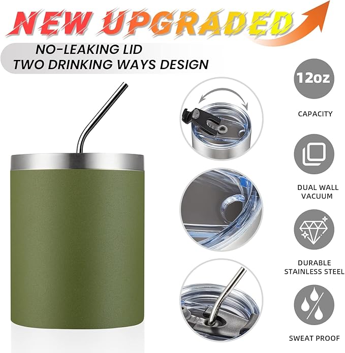 MEWAY 12 oz Lowball, Tumbler Stainless Steel Double Wall Vacuum Insulated Mug with Straw and Lid, Cleaning Brush ，Durable Powder Coated Insulated Coffee Cup for Cold & Hot Drinks (Army Green,1 Pack)
