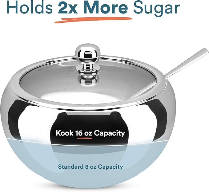 KooK Sugar Bowl with Lid and Spoon, Container with Lid, for Salt, Coffee, Holds 2 Cups, Dishwasher Safe, Stainless Steel, 16 Oz