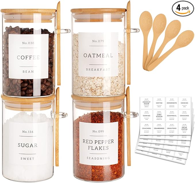 Glass Jar with Bamboo Lid and Spoon - 4 Pcs 17 oz Sugar Container with 132 Food Pantry Labels - Glass Containers with Wooden Lids Hold Coffee, Tea, Candy