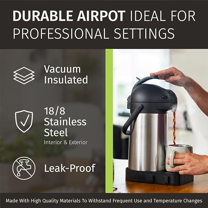 Coffee Carafe with Pump & Drip Tray - 74oz / 2.2L, 12 Hours, Thermal Carafe for Hot Liquids, Water Dispenser, Airpot Coffee Dispenser with Pump, Insulated Air Pot, Large Carafe for Hot Drinks