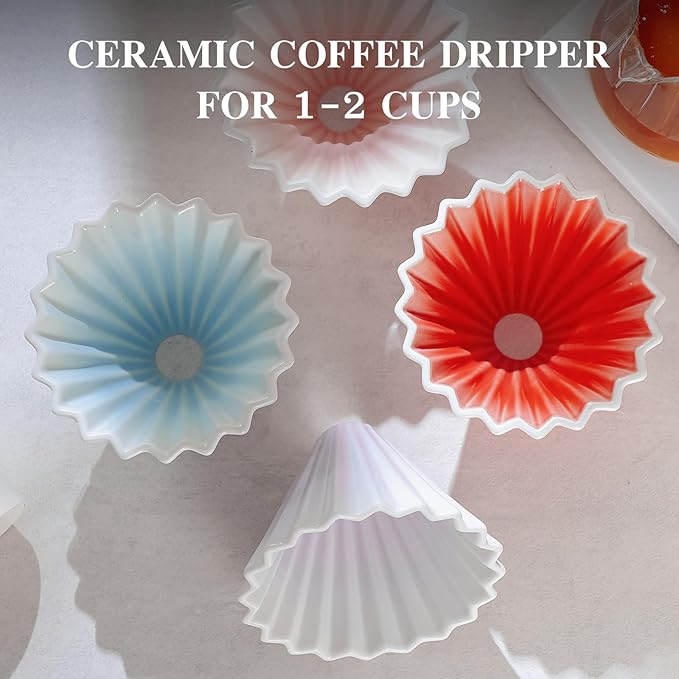 Bincoo Ceramic Coffee Dripper,Pour Over Coffee Dripper with Wood Stand, Flower-shape for 1-2 Cups Slow Brewing Maker for Home Cafe (Blue)