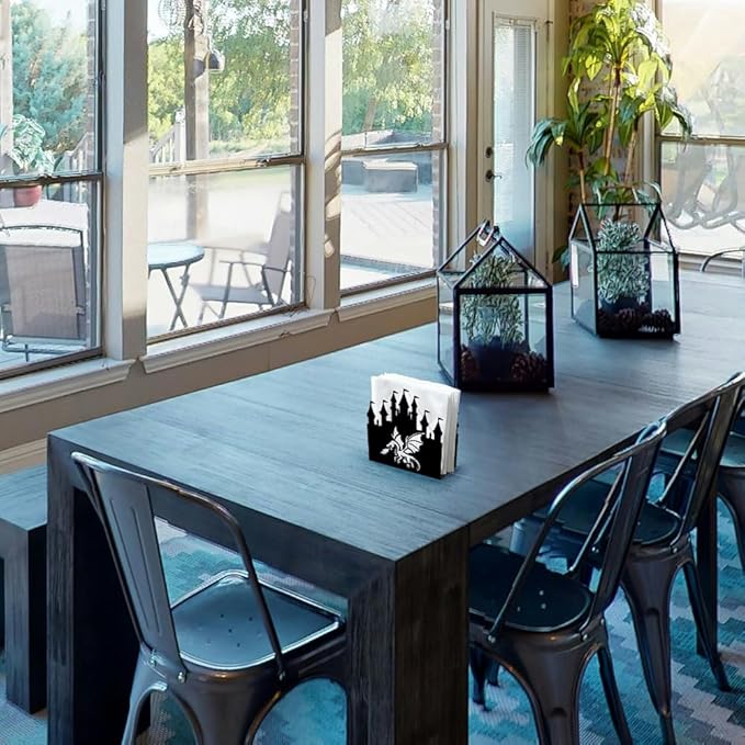 Dragon in Castle Decorative Black Metal Napkin Holder for Table, 4.9" x 4.9" x 1.9" Standing Napkin Holder for Home Kitchen Restaurant Picnic Party Coffee Bar Dining Room