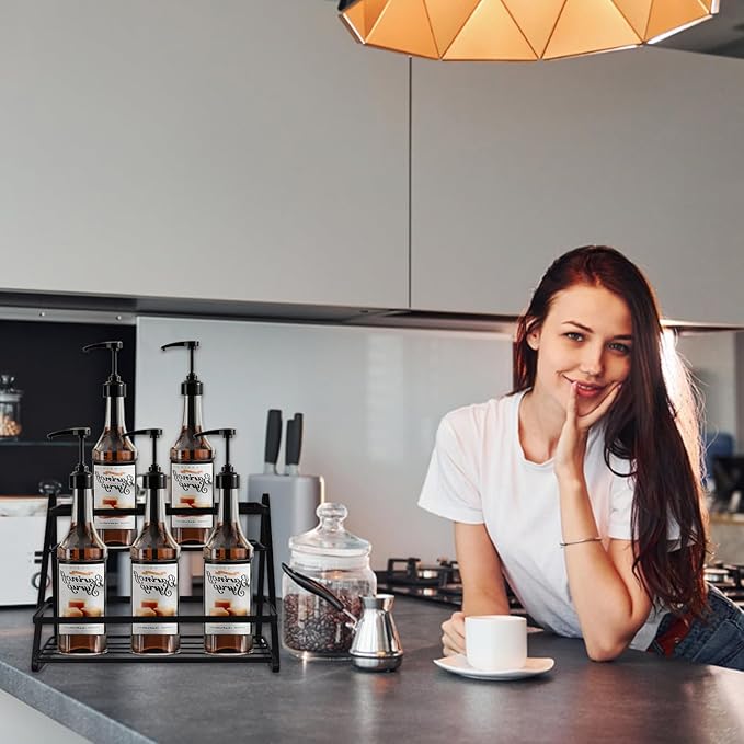 2-Tier Coffee Syrup Rack Organizer 6 Bottle Capacity,Sturdy Metal Storage Shelf for Coffee Bar,Multi-Use Kitchen Wine Rack for Syrups, Dressings, Condiments