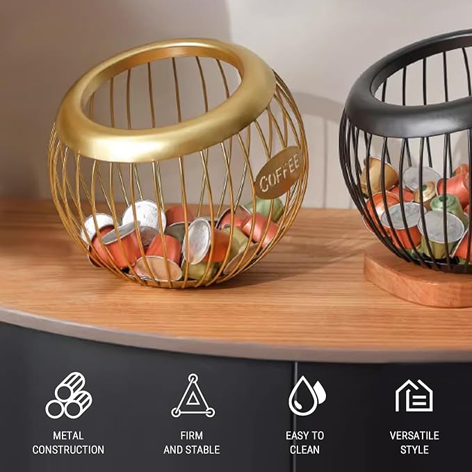 Coffee Pod Holder, Large Capacity Coffee Pod Organizer Iron Wire Basket Kcup Holder for Counter Home Kitchen Party Wedding Bar (Gold)