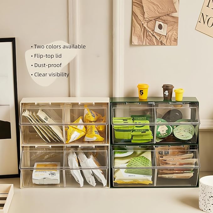 Bokelai Creamer Holder Plastic Tea Bag Organizer with Lid Large Capacity K Cup Countertop Organizer Versatile Desk Storage Station for Capsule Suger Pods Face Mask Cream/Clear