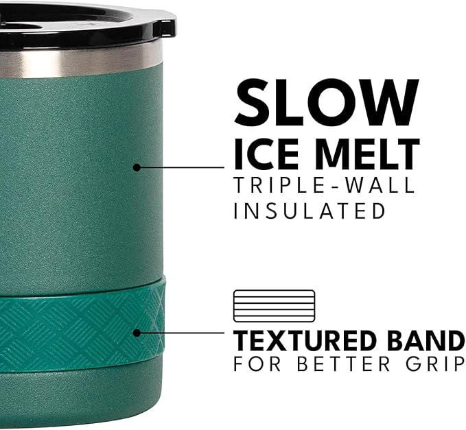 Elemental Recess Lowball Tumbler, 10oz Triple Wall Stainless Steel Cup with Non-Shattered Tritan Lid, Insulated Whiskey Glass, Insulated Coffee Tumbler Mug for Hot & Cold Drinks - Forest Green