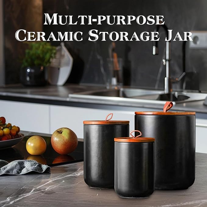 JOJUNO Black Ceramic Food Storage Canister Set (30 oz, 48 oz, 82 oz) with Bamboo Lids, 3-Piece Airtight Jars for Flour, Sugar, Coffee, Tea, Oats, Spice – Kitchen Storage Containers with Lids