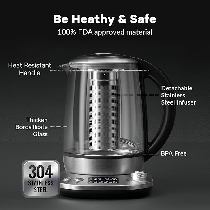 Mecity Electric Tea Kettle with Removable Infuser, 9 Preset Brewing Programs, Temperature Control, 2 Hours Keep Warm, Borosilicate Glass, 1.7 Liter, 1200W