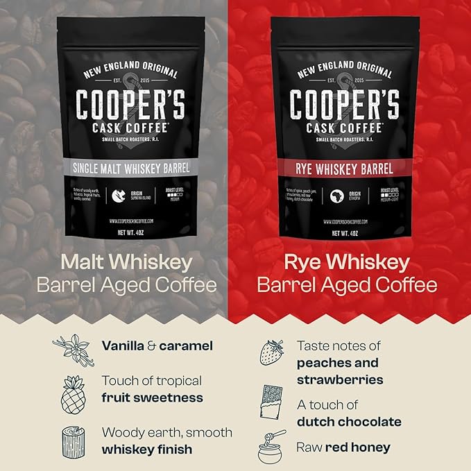 Bourbon & Whiskey Barrel Aged Coffee Box Set - 4-Bag Roasted Coffee Sampler - Bourbon Colombian, Malt Whiskey Sumatra, Rye Whiskey Ethiopian, Rum Barrel Rwanda, (Ground, 4 Ounce (Pack of 4))