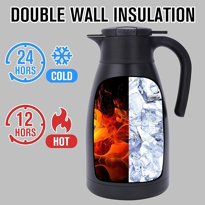 GiNT 2.2L / 74Oz Thermal Coffee Carafe, Insulated Stainless Steel Coffee Carafes for Keeping Hot/Double Walled Vacuum Thermal Carafe (Black)